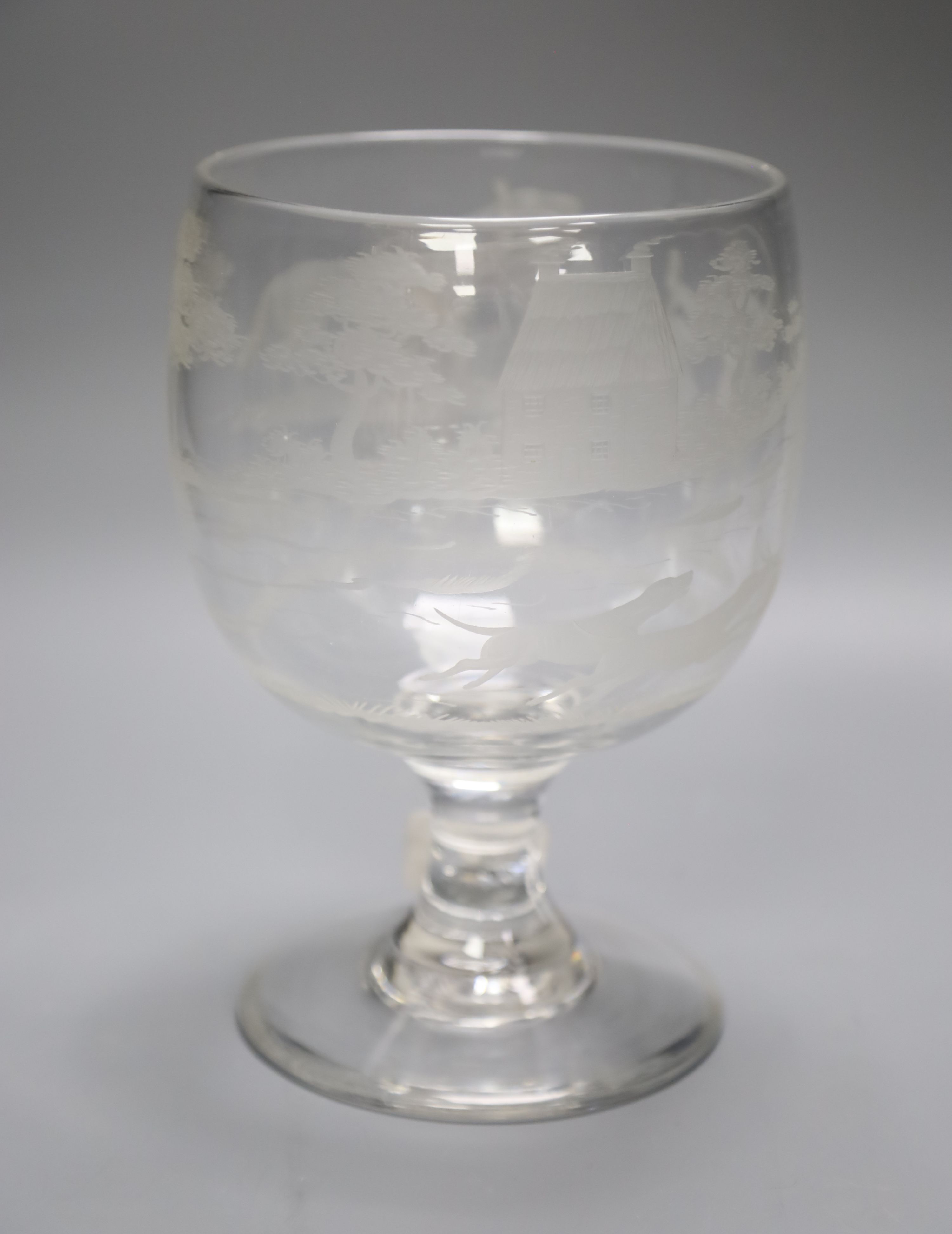 A large Victorian wheel engraved glass hunting rummer, height 21cm